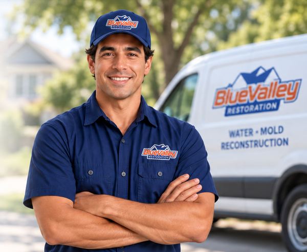 Blue Valley Restoration technician standing in front of a branded service van