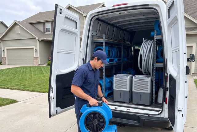 Technician carrying an air mover from the back of a service van in a driveway